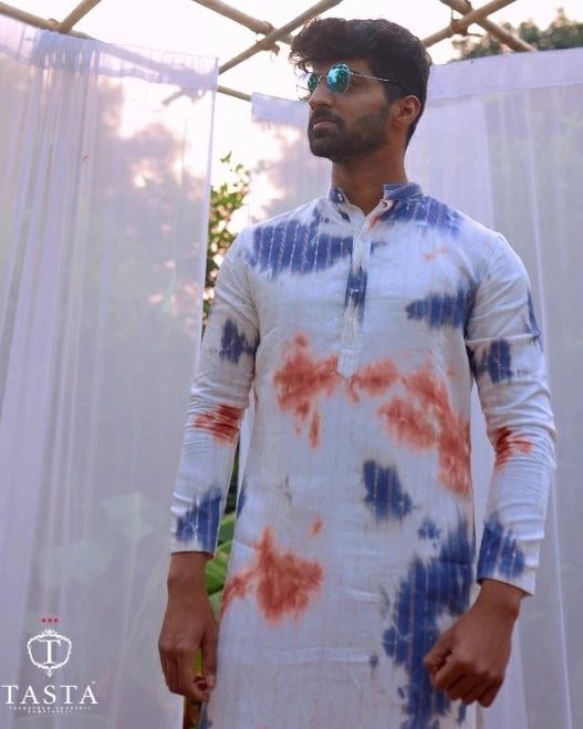 VISION FUCHSIA MULTI SILK TIE & DYE KURTA PAJAMA SET FOR MEN'S